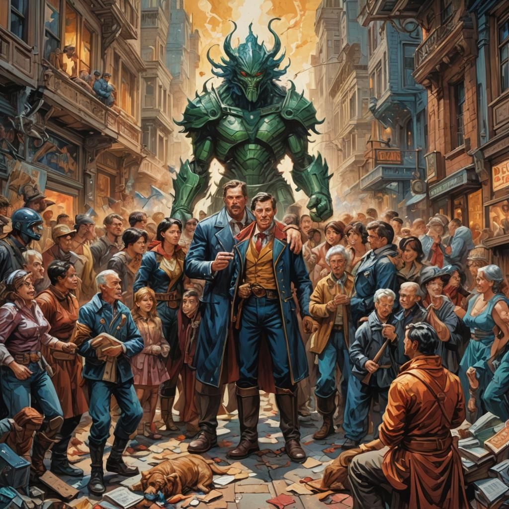 Eloquent Family Scene in Gouache Comic Style