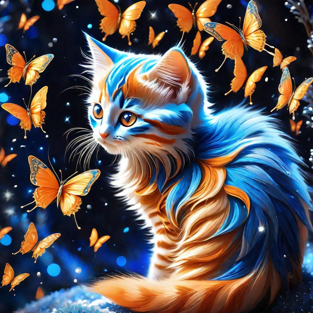Orange and Blue Kitten with Glitter Butterflies