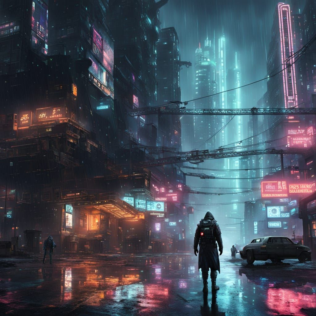 Dystopian Sci-Fi Cityscape at Night in Cyberpunk Style