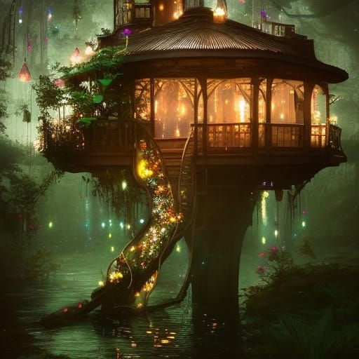 Enchanted Treehouse Photo Manipulation with Waterfall