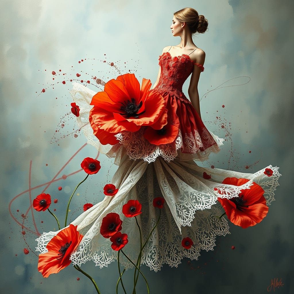 Poppy Flower Lace Dress in Paint Splash Style