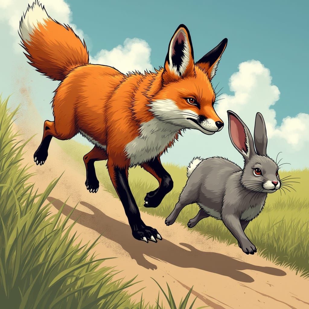 Fox and Rabbit Race in Comic Book Art Style