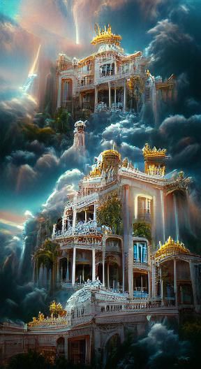 Heavenly Palace: Holographic Astral Cyberpunk Illustration