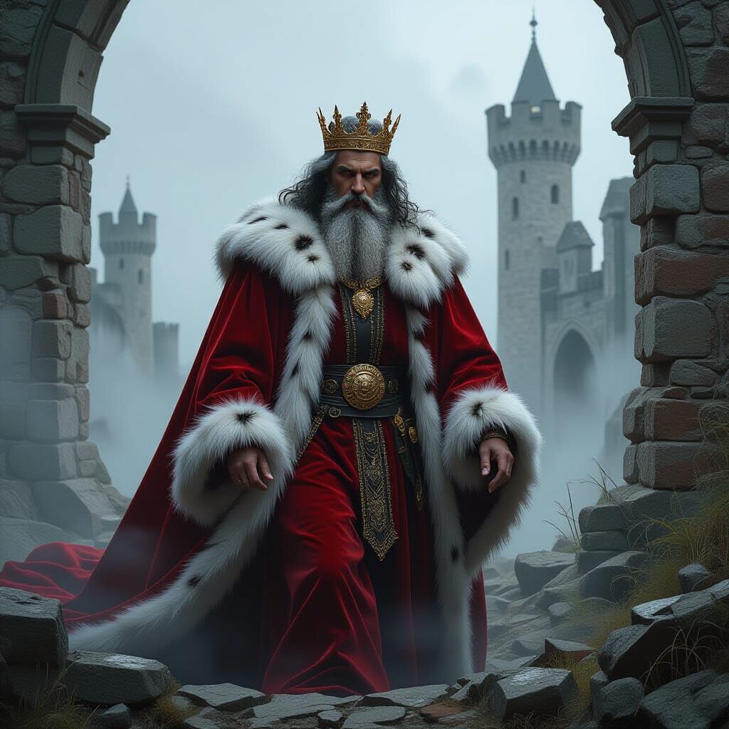 Misty Castle Ruins Reveal Ethereal King in Red Robe