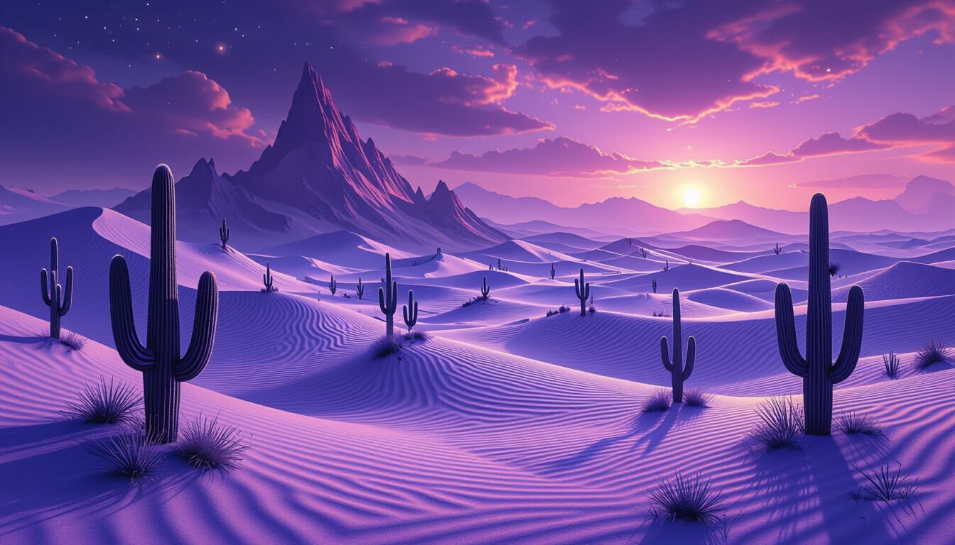 Surreal Purple Desert Dunes with Luminous Cacti