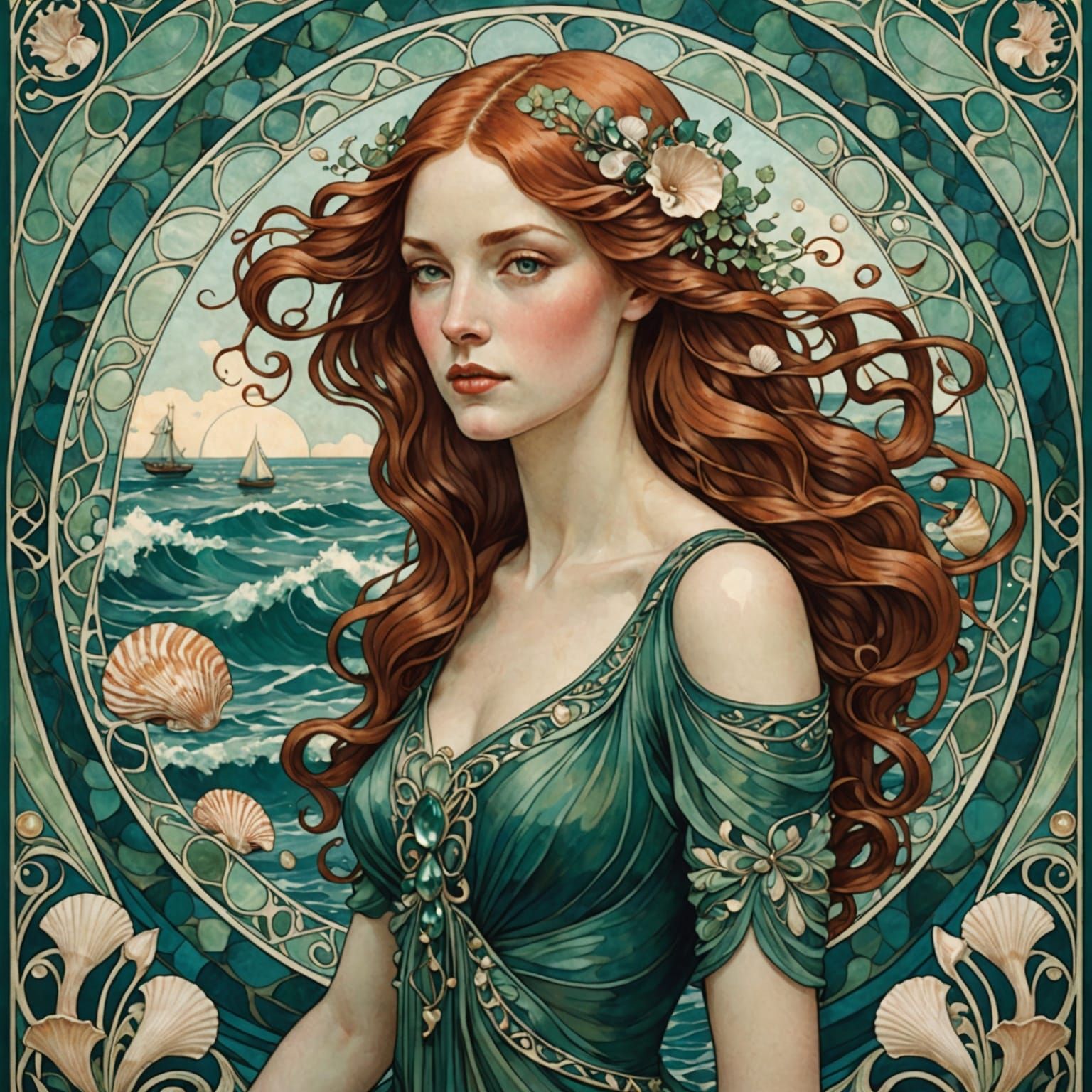 Art Nouveau Woman in Ocean Vortex