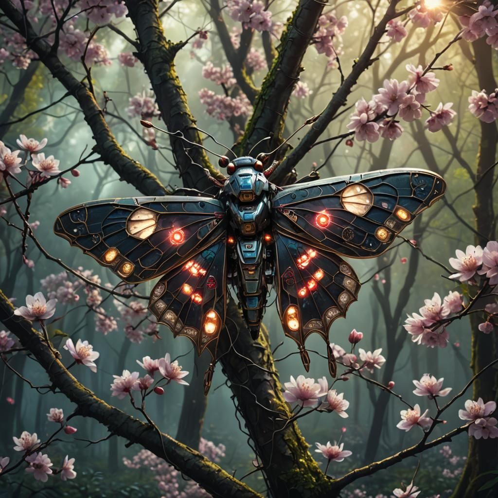 Bionic Moth in Cherry Tree, Digital Matte Painting