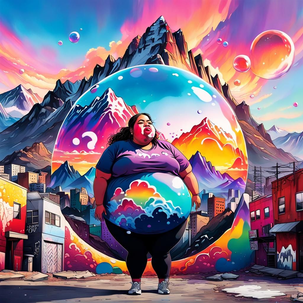 Colorful Cityscape with Bubbles in Street Art Style