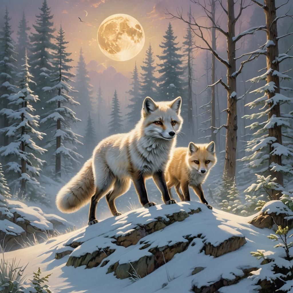 Arctic Fox Hunt in Snowy Forest, Fantasy Art