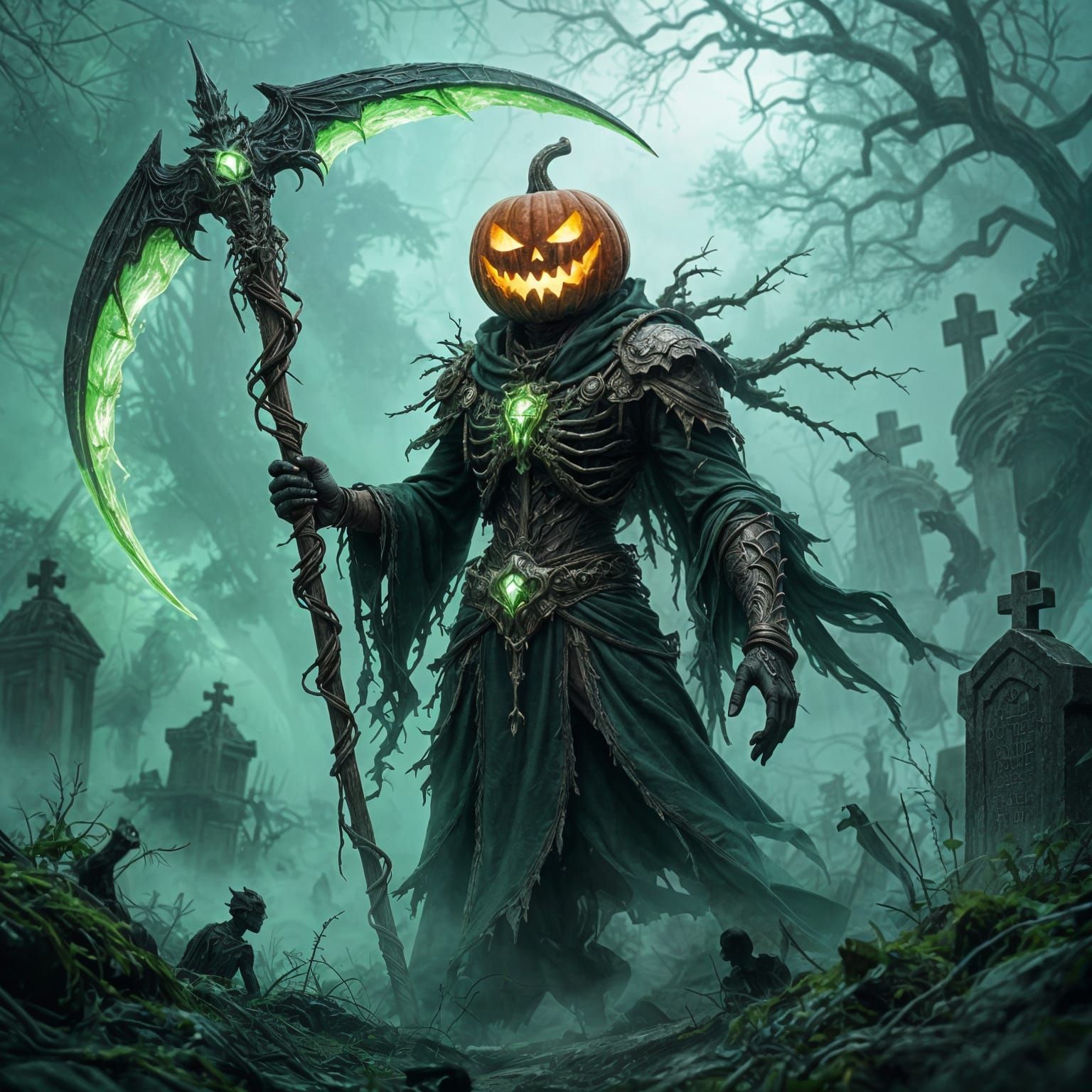Dark Fantasy Reaper The Harvester in Ancient Graveyard