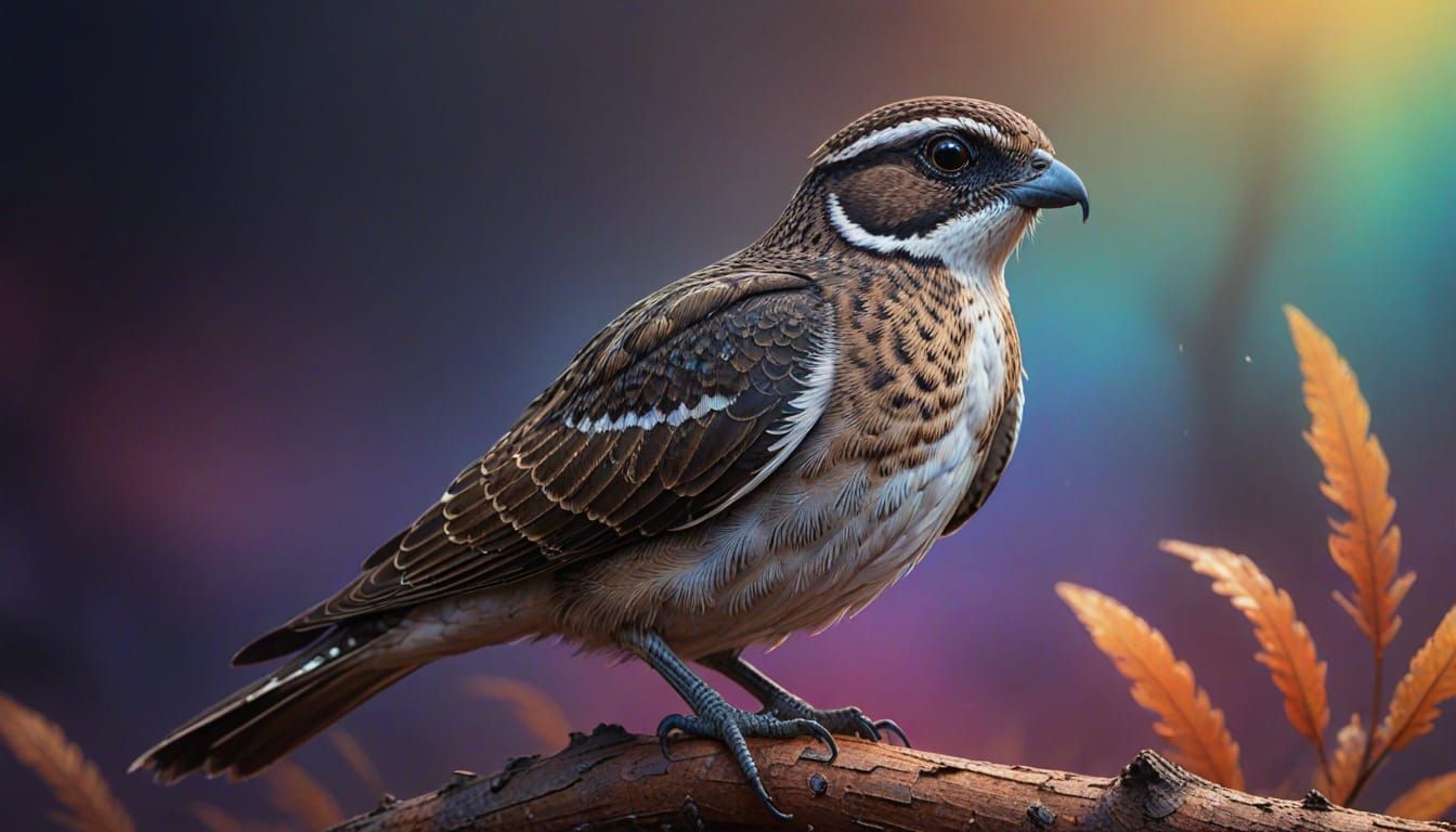 Hyperrealistic White-Winged Nightjar Perched in Misty Light