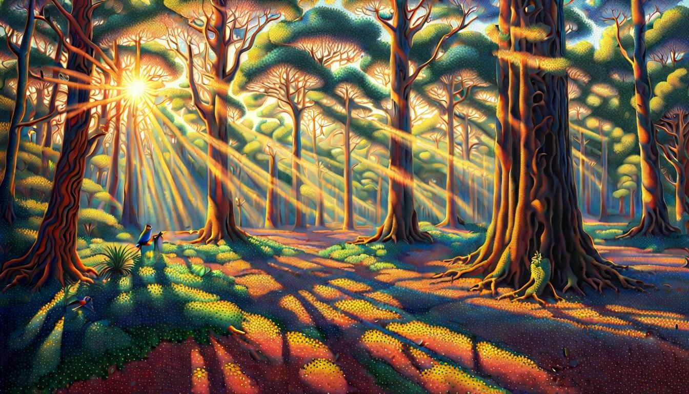 Luminous Pointillist Woodland Scene with Exotic Elements