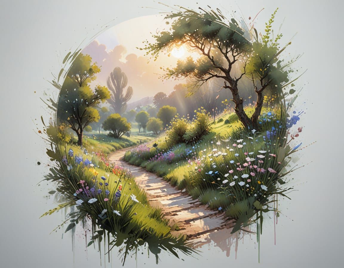 Spring Awakening: Verdant Countryside in Watercolor