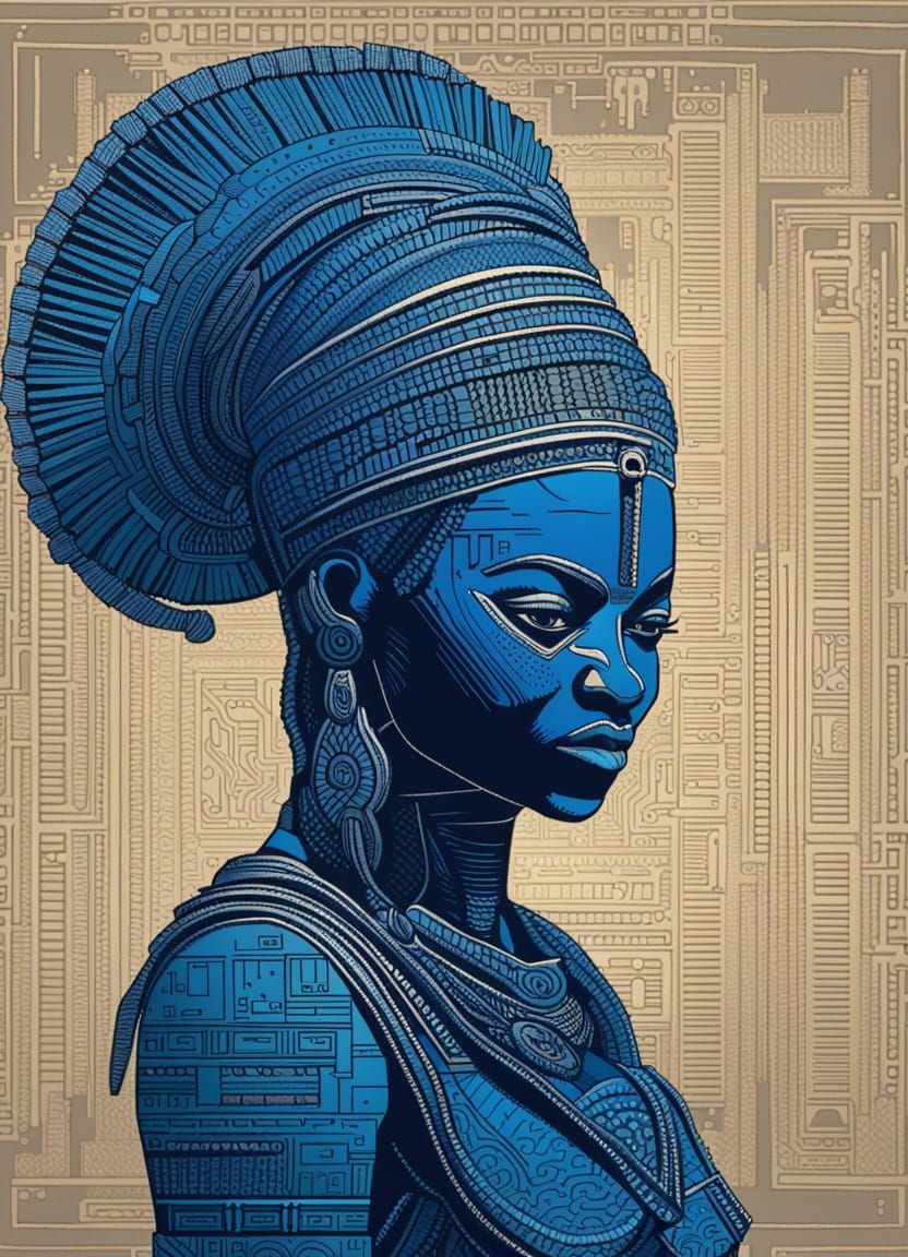 African Warrior Goddess Greets Blue Aliens in ASCII Art