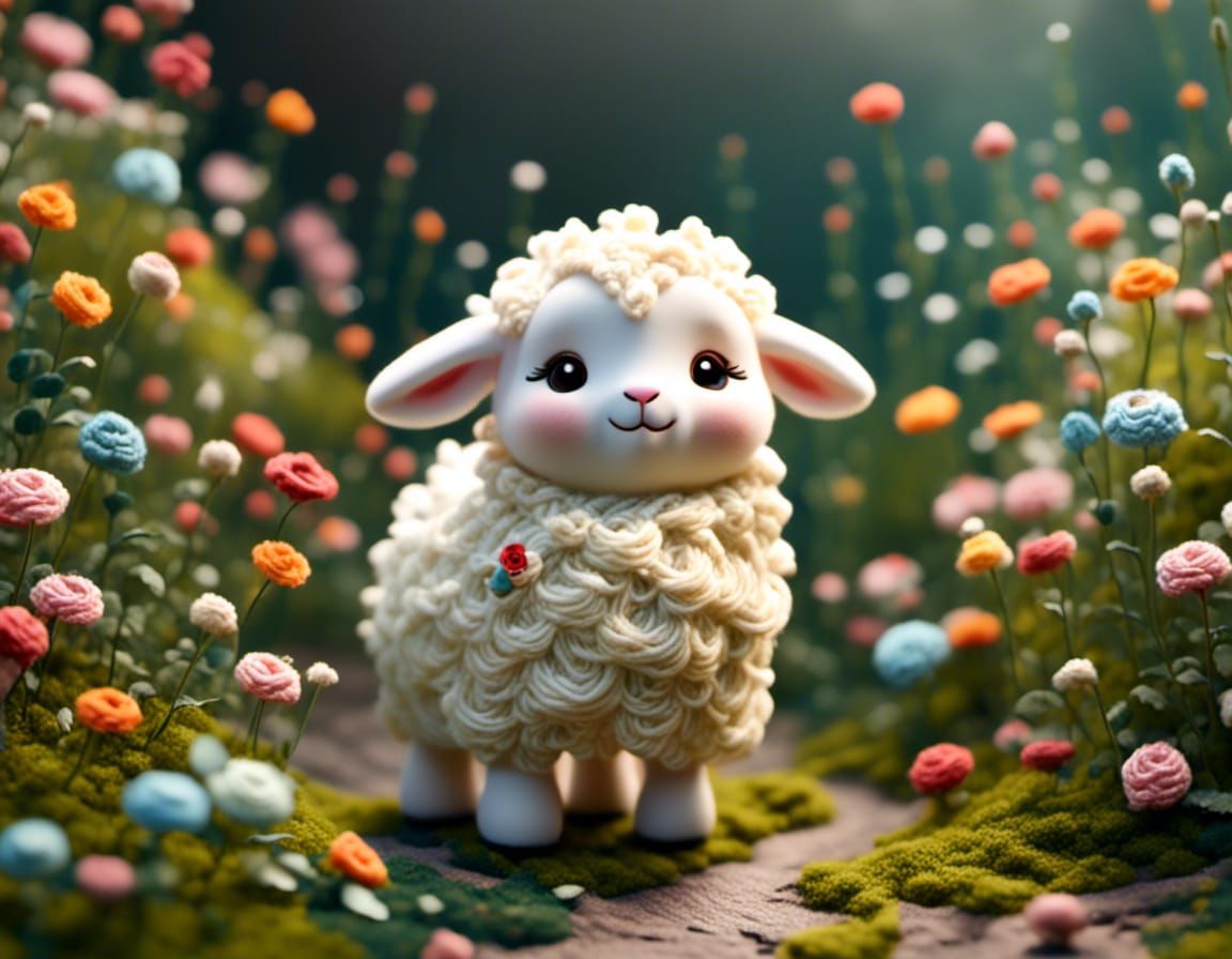 Adorable Chibi Yarn Lambs on Wool Pasture