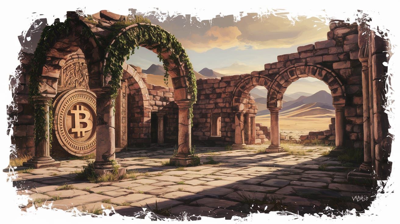 Ancient Desert Ruins with Bitcoin Symbol