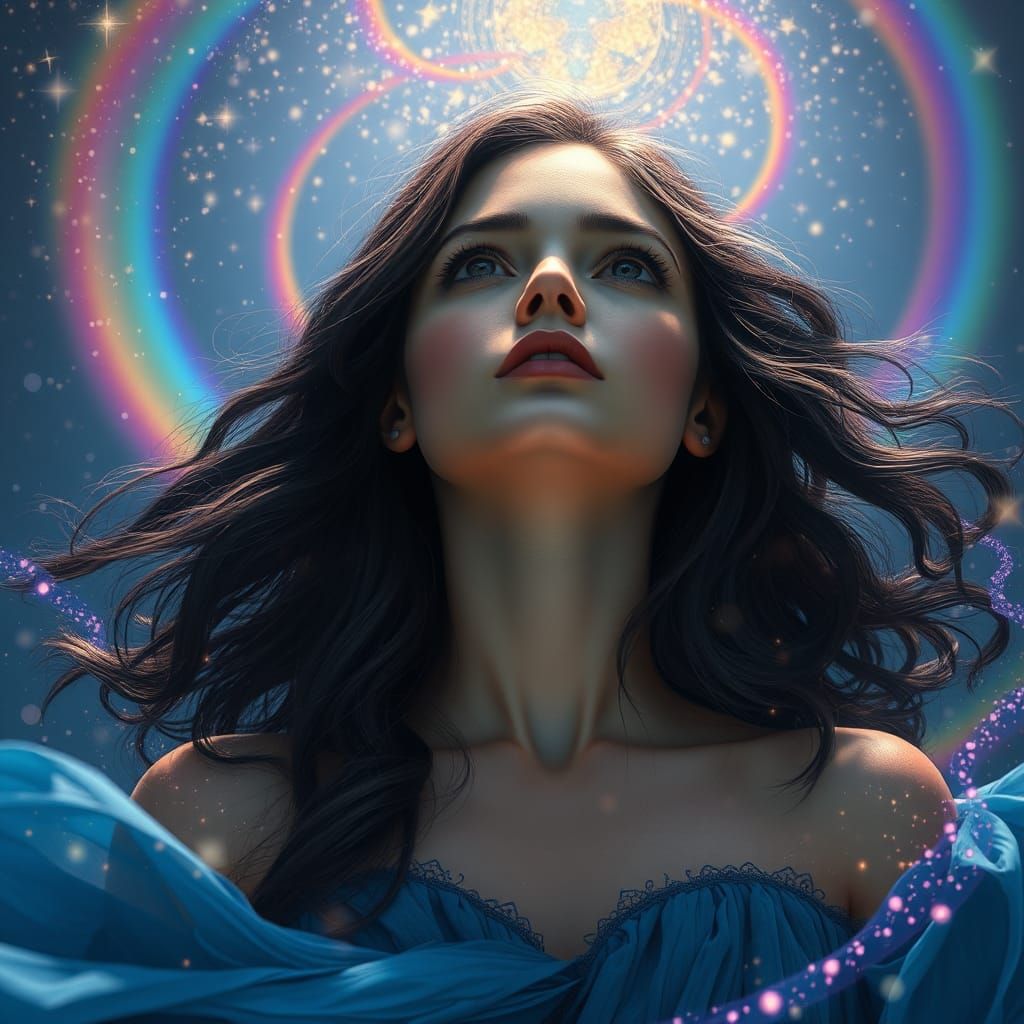 Woman Summons Rainbow Magic in Fantasy Art Style