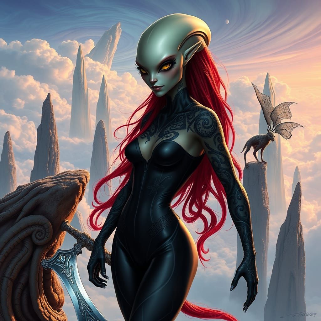an alien female with an elongated head with a flared ridge around it, black eyes, lean body, tattoos, red hair, tight ou...