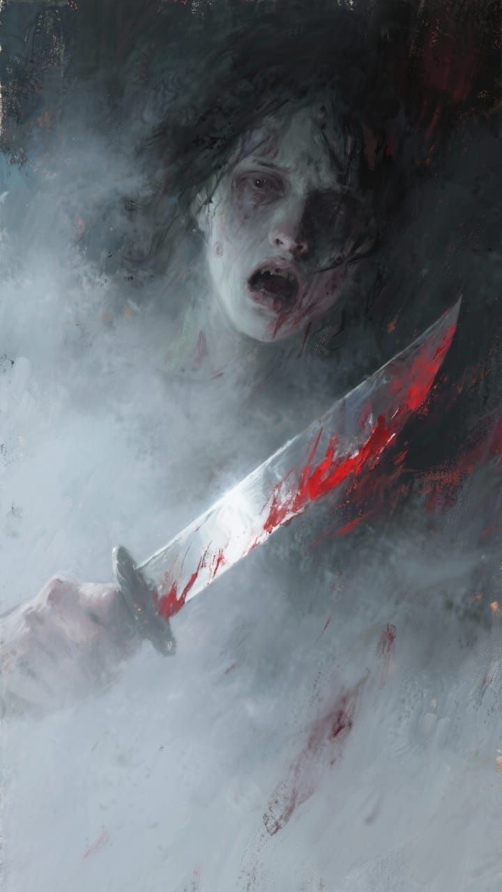 Crimson Blade in Fog: A Painterly Horror Scene