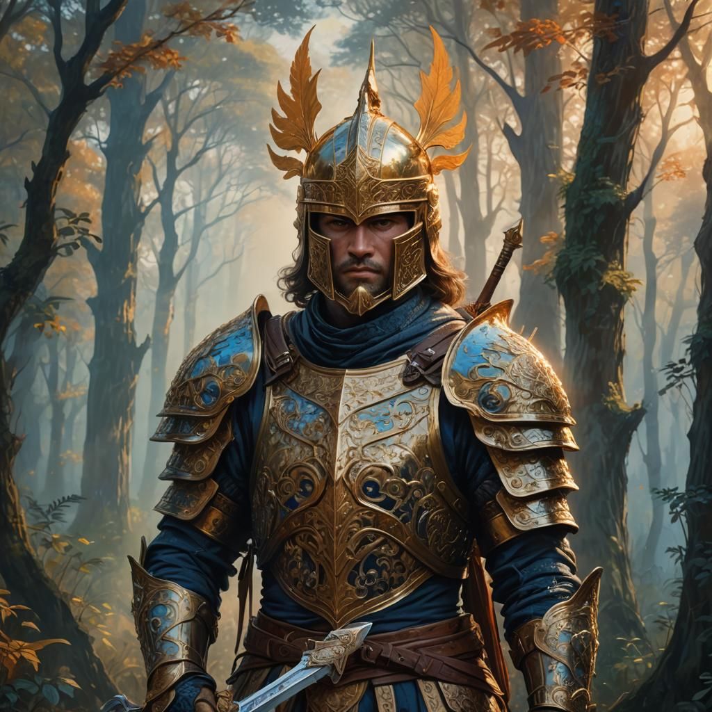 Mystical Warrior in Forest, Digital Art Portrait