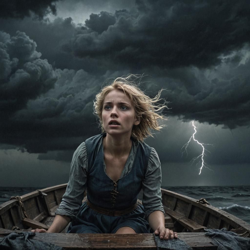 Woman in Stormy Boat, Dark Fantasy Illustration