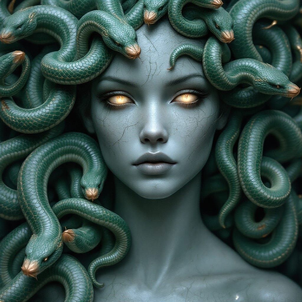 Hyperrealistic Portrait of Medusa in Regal Melancholy