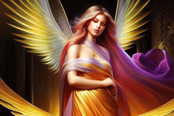 Ethereal Guardian Angel with Golden Iridescent Feathers