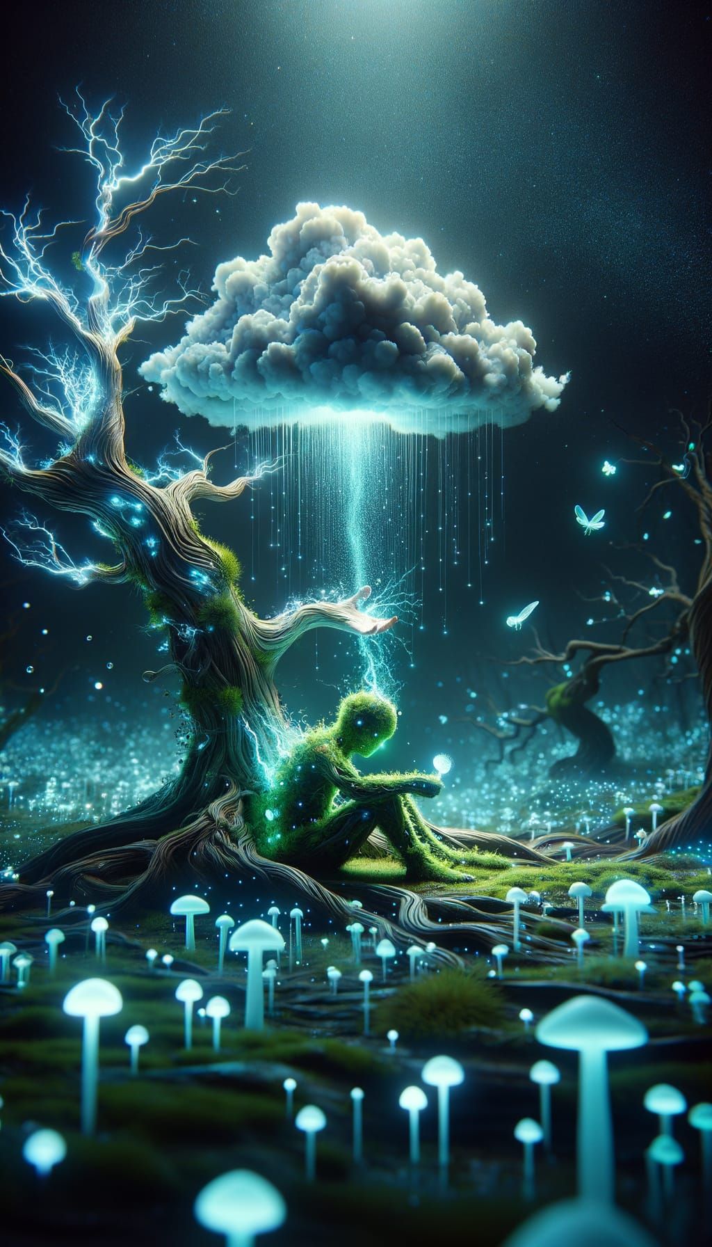 Sentient Tree Animates Soil Golem in Bioluminescent Forest