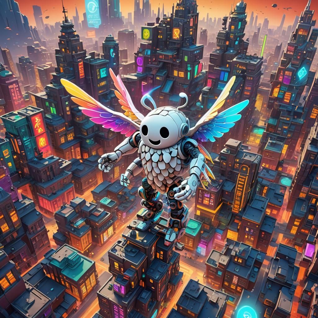 Colorful Fractal Cyber Angel in Flying City as 3D Art