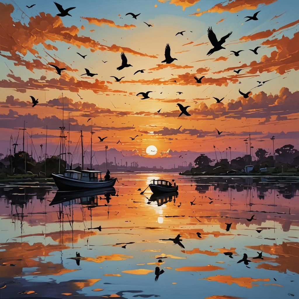 Vibrant Sunset Boat Silhouette in Graffiti Art Style