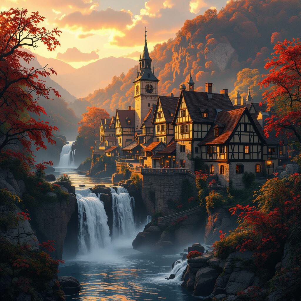 Golden Light Illuminates Quaint German Village