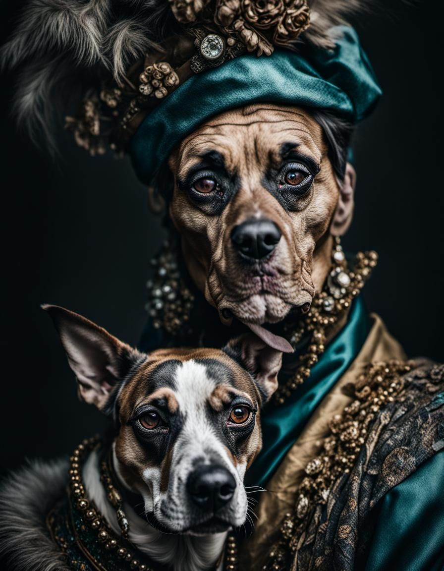 A dog woman with dog head,face and eyes dressed in extravagant clothes