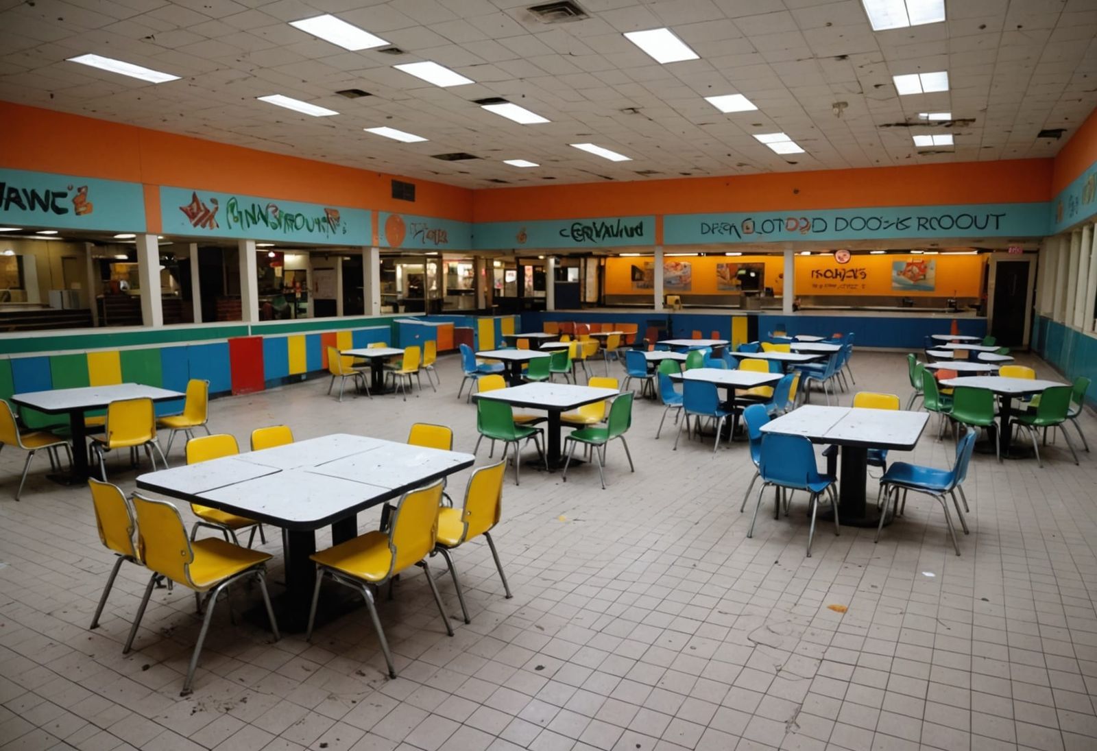 Abandoned 90s Shopping Mall Food Court in Desolate Decay