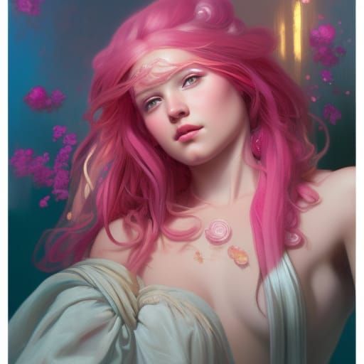 Candy Pink Haired Goddess Portrait in Art Nouveau Style