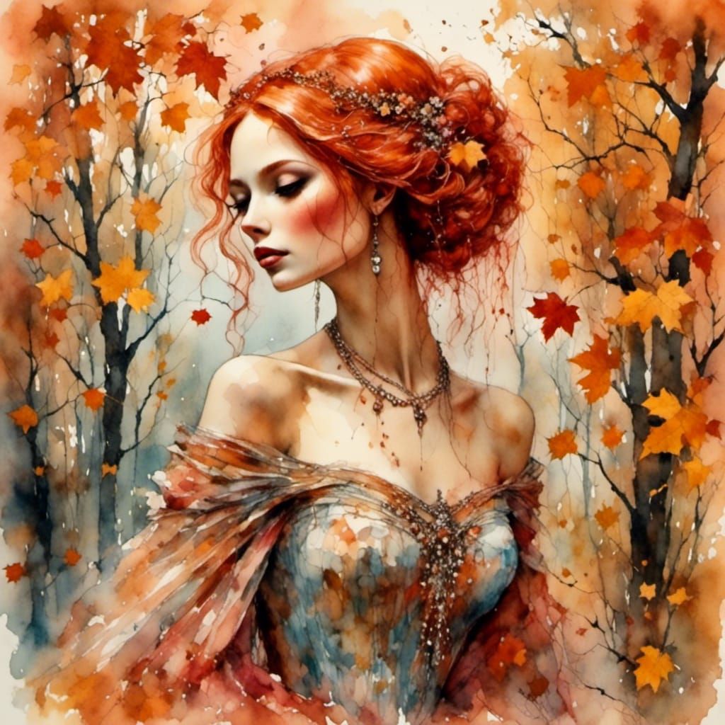 Ethereal Autumn Romance: Watercolor Portrait of Redhead
