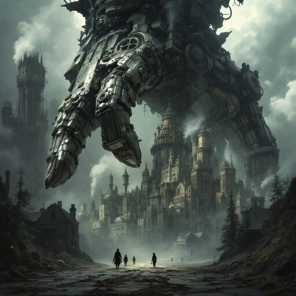 Colossal Mechanical Hand Holds Tiny City in Steampunk Fantas...