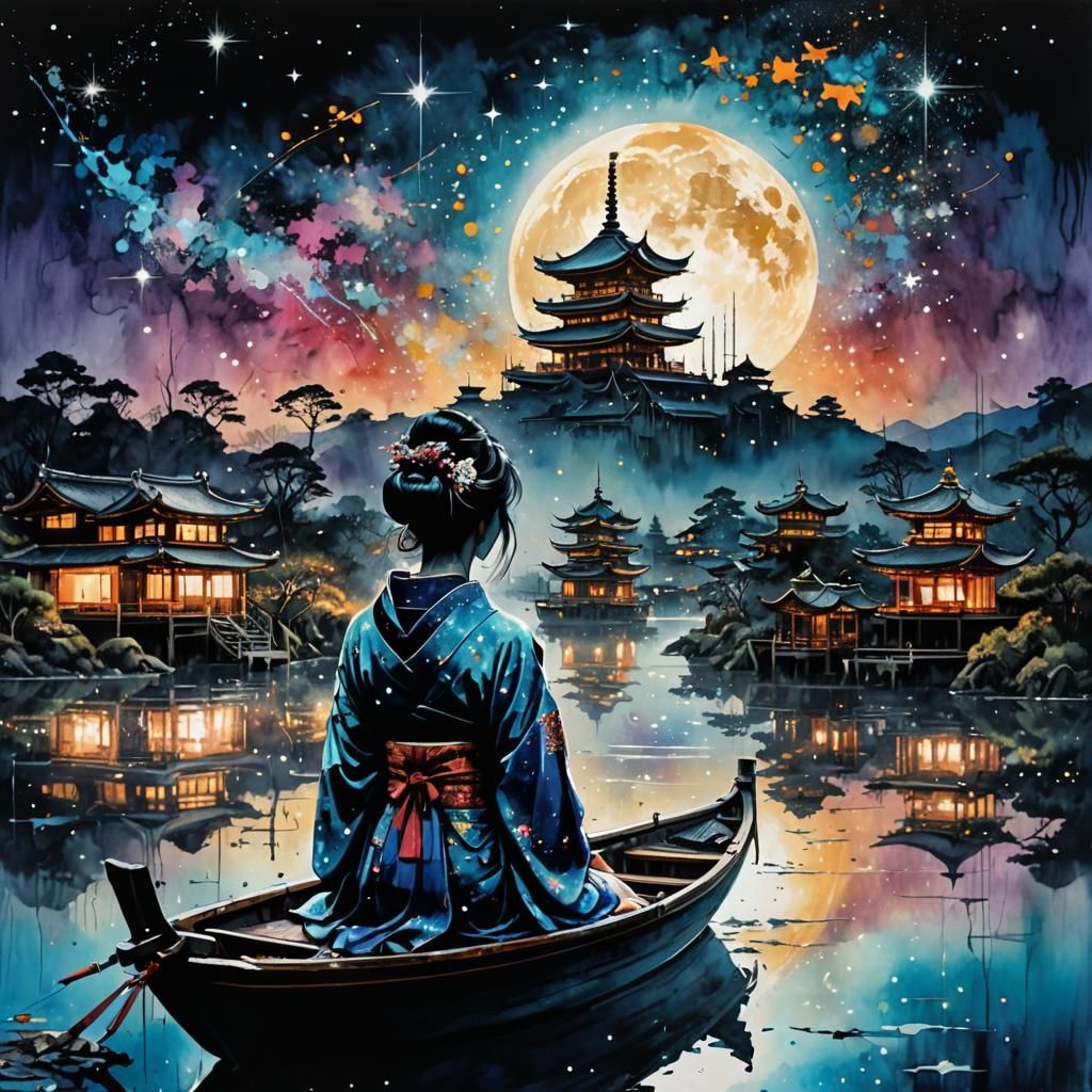 Geisha Silhouette at Night: Anime Key Visual