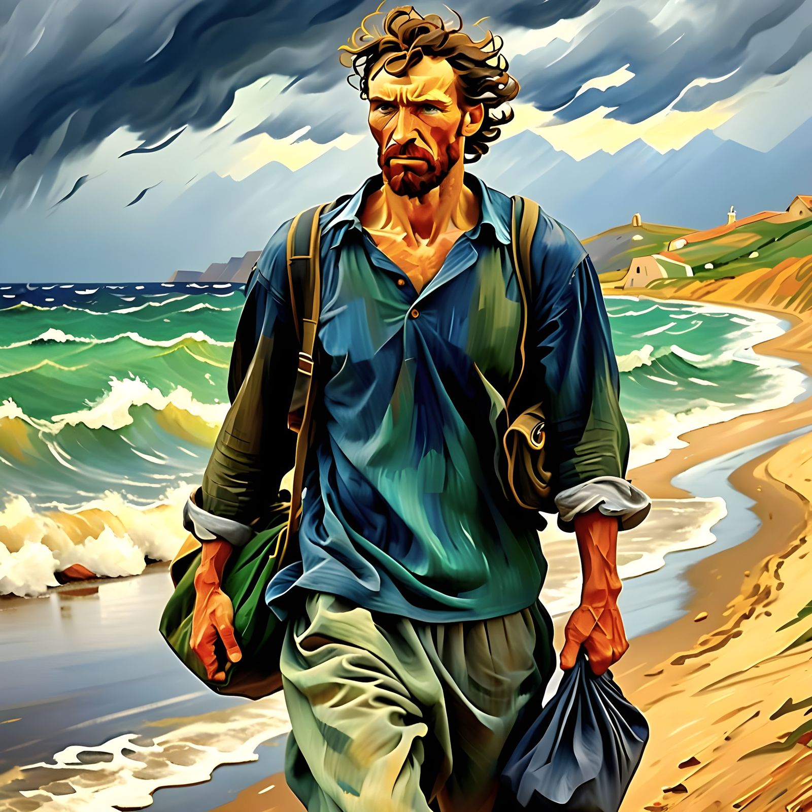 Greek Man Walks on Windy Seaside Road