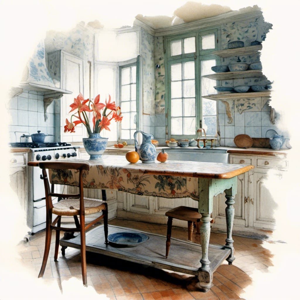 Dreamy Kitchen Still Life in Impressionist Watercolor