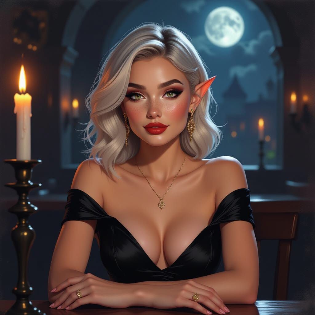 Impressionistic Elf Woman in Tavern