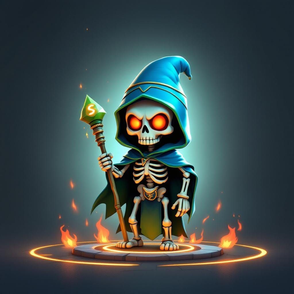 Cartoon Skeleton Mage in Ritual Circle, Pixar Style