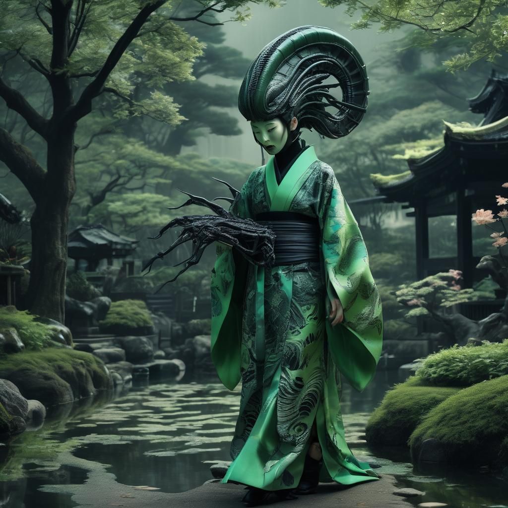 Geisha on Xenomorph in Japanese Garden: Ukiyo-e Style