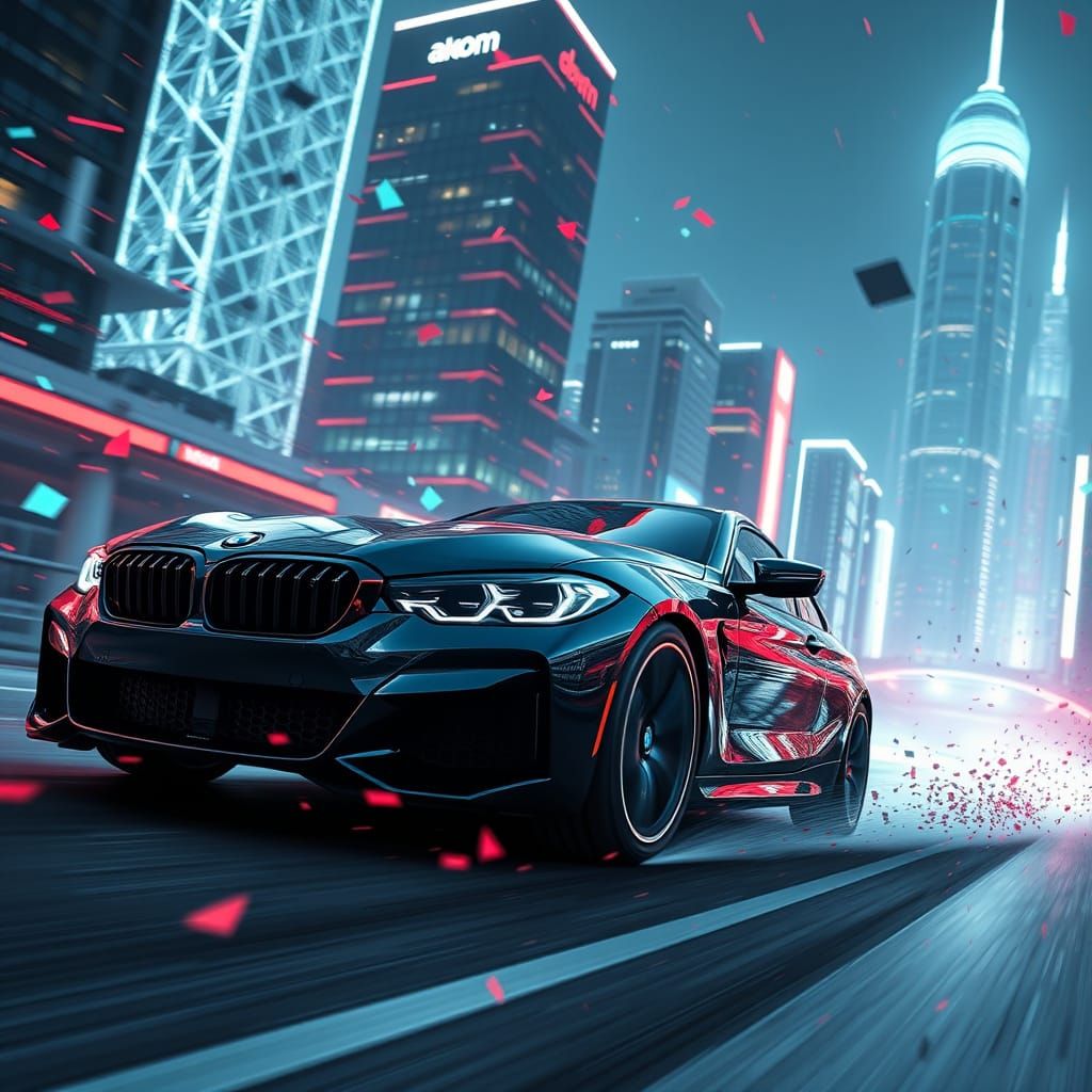 Sleek Black BMW Speeds Through Futuristic Metropolis