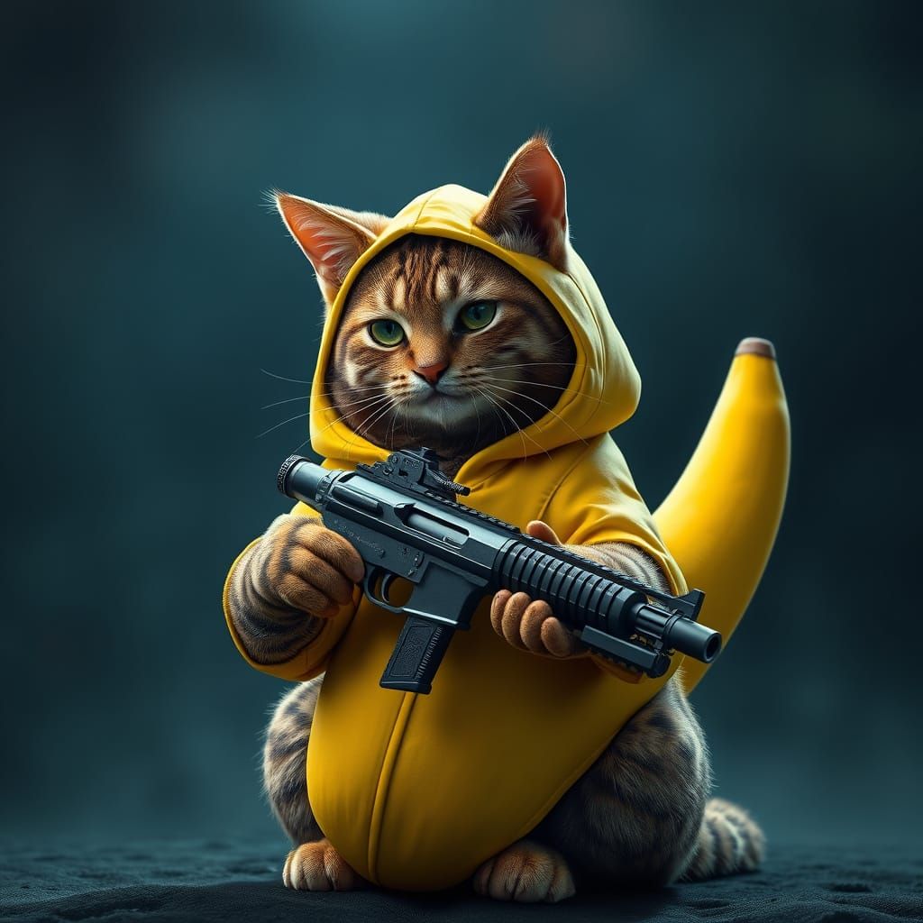 Majestic Cat Wields Banana Costume Gun in Hyper-Realistic Ar...