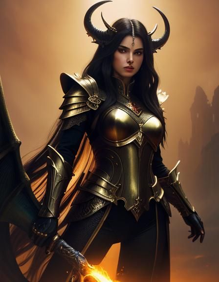 Female Warrior Defends Against Dragons in Dark Fantasy Art