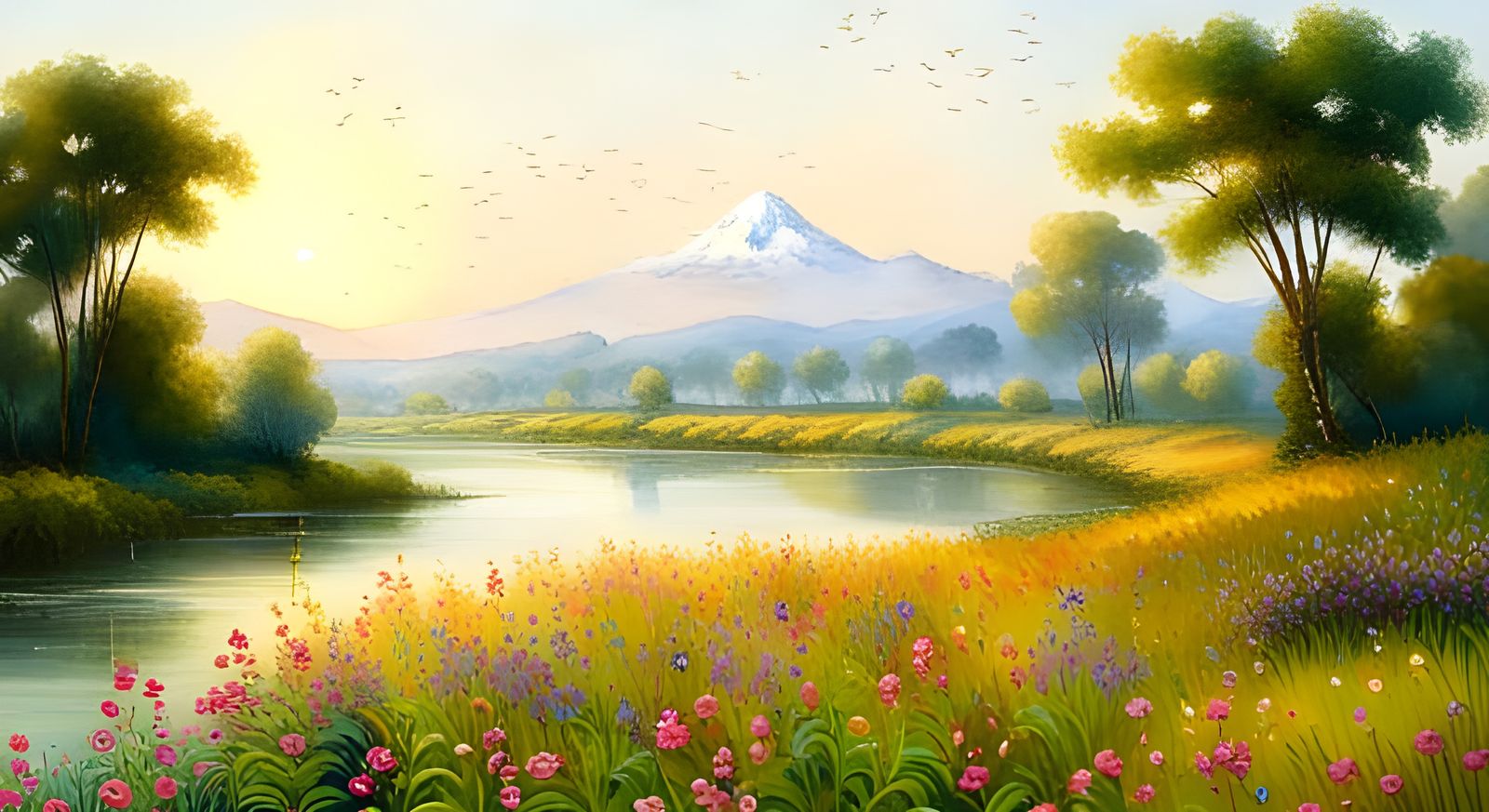 Lush Meadow Scene with River and Wildlife