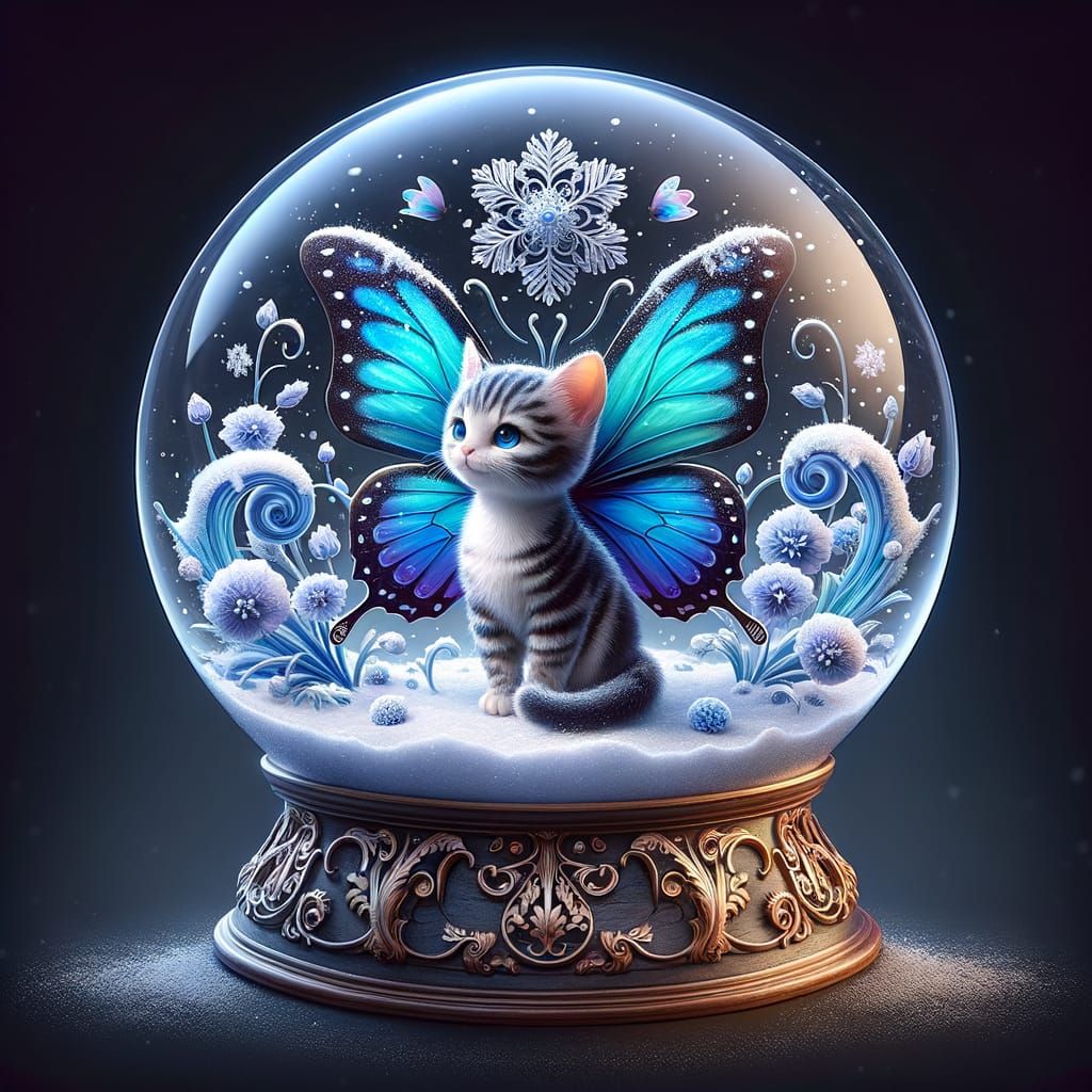 Fairy Kitten in Snow Globe with Butterfly Wings