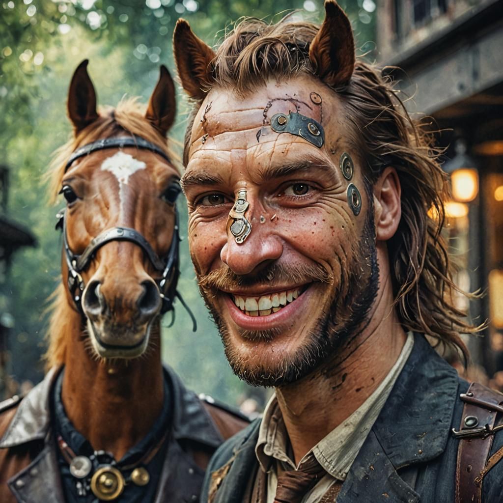a man with a horse face with a big grin , sketchy 35mm film ...