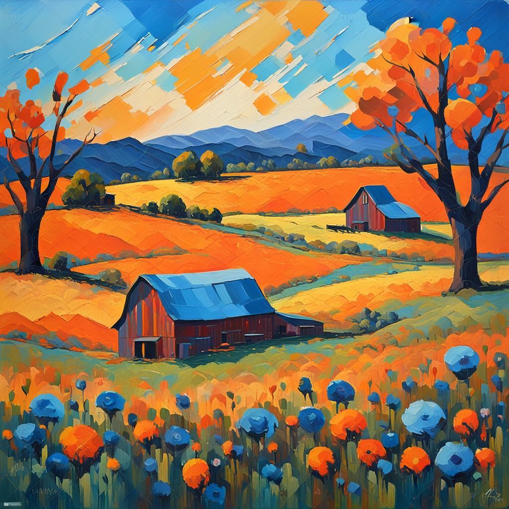 Abstract Fauvist Farm Landscape with Impasto Texture