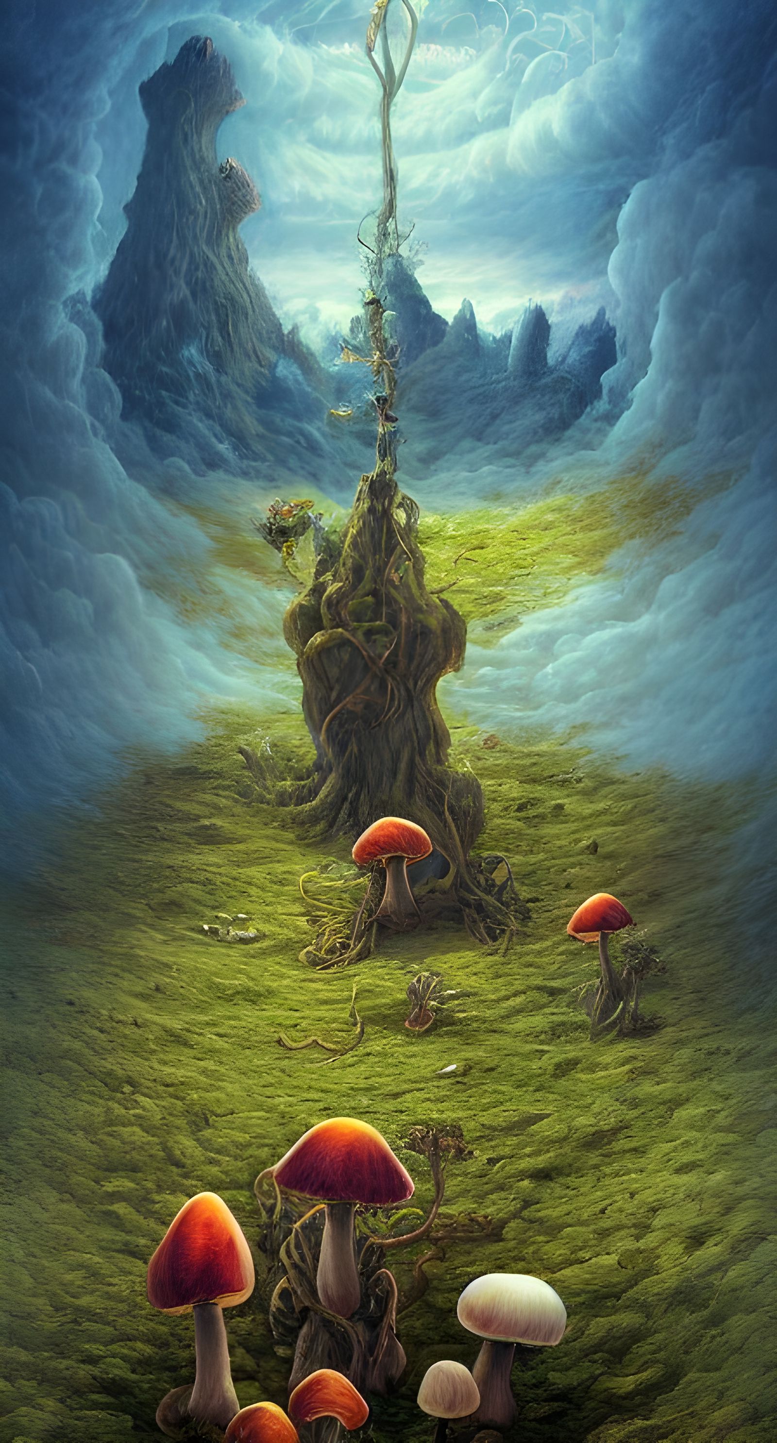 Surreal Fantasy Planet with Mushrooms and Waterfalls